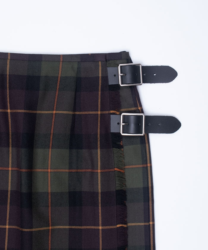 WORSETED WOOL LONG KILT SKIRT - GREEN