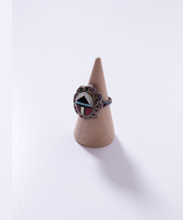 VINTAGE ZUNI STERLING SILVER MULTI STONE MOSAIC INLAY RING / ヴィンテージ ズニ シルバーリング
